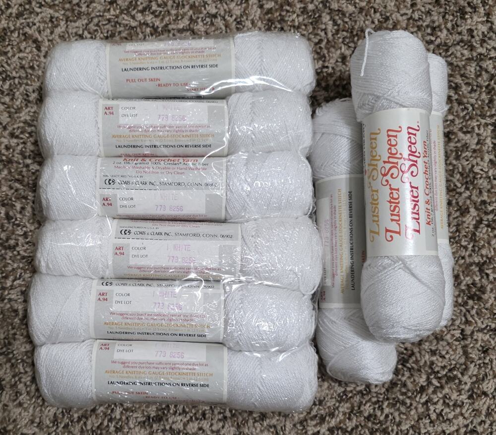 Retired 9 Skeins Red Heart Luster Sheen Yarn White A94 Dye Lot 779 8256